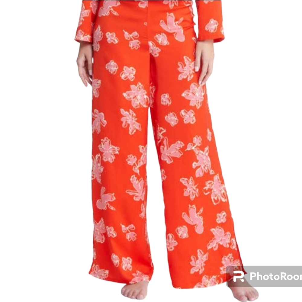 OPEN EDIT Size X-Large Orange Red Pink Floral Wide-Leg Split Ankle Lounge Pants